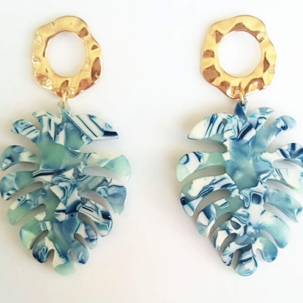 New leaf blue marble acrylic dangle gold earrings - Picture 2 of 7
